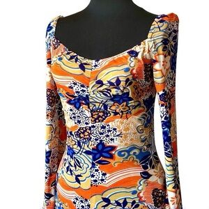 Vintage Maxi Dress Fitted Stretch Gown 60s 70s Psychedelic Sweetheart Neck